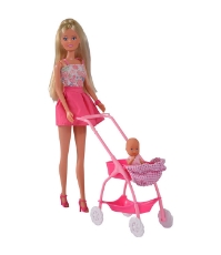 Imagine Papusa Steffi Love Baby Walk 29 cm roz cu carucior si accesorii