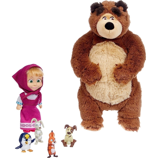 Imagine Set Masha and the Bear Masha 12 cm cu ursulet de plus 25 cm si 4 animale